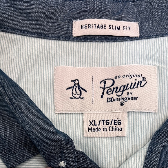 Penguin by Munsingwear Light Blue Striped Polo Men’s XL Slim Fit Chambray - Picture 3 of 4